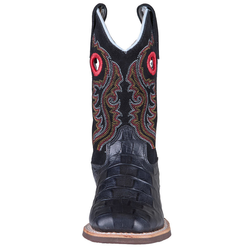 Old West Kid's Black Faux Horn Back Gator Print Vamp Black Suede Top