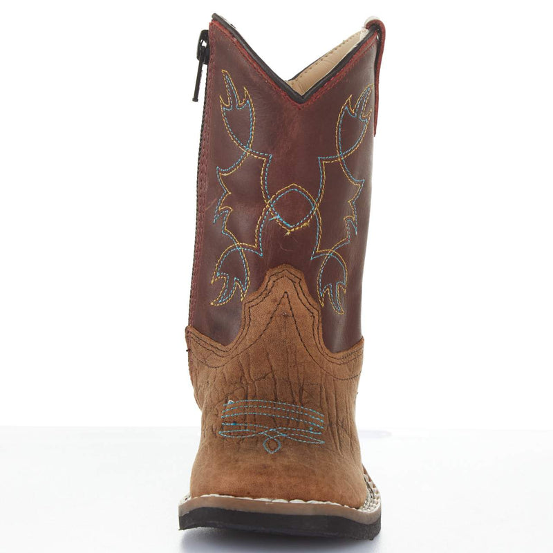 Old West Toddler's Burnt Red Waxy Top and Brown Bull Hide Foot Boot
