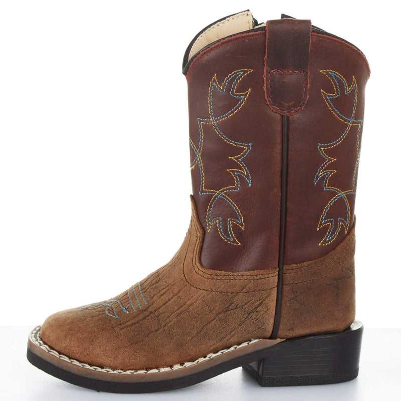 Old West Toddler's Burnt Red Waxy Top and Brown Bull Hide Foot Boot