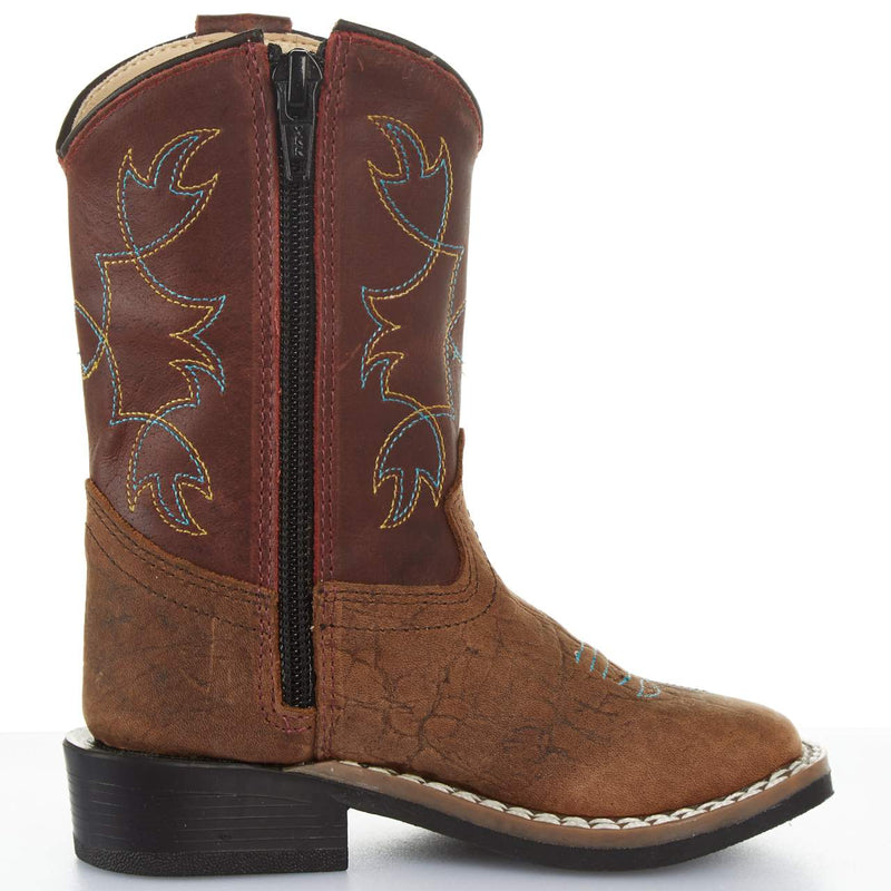 Old West Toddler's Burnt Red Waxy Top and Brown Bull Hide Foot Boot
