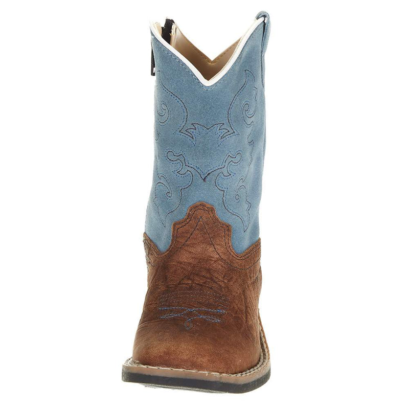 Old West Toddler Brown Bull Hide Sky Blue Suede Shaft Cowboy Boot