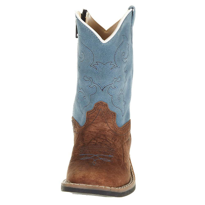 Old West Toddler Brown Bull Hide Sky Blue Suede Shaft Cowboy Boot