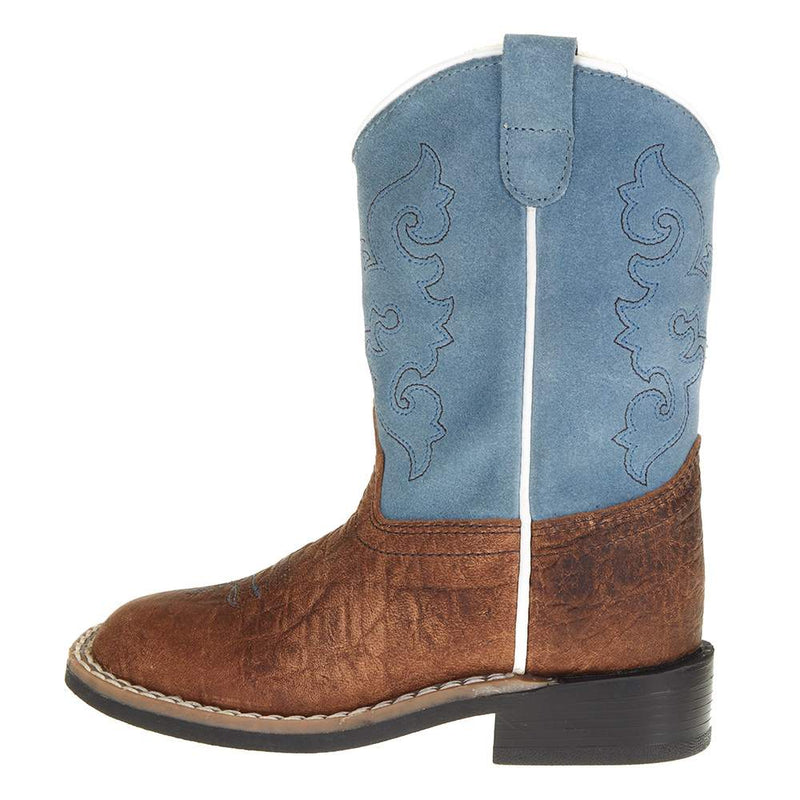 Old West Toddler Brown Bull Hide Sky Blue Suede Shaft Cowboy Boot