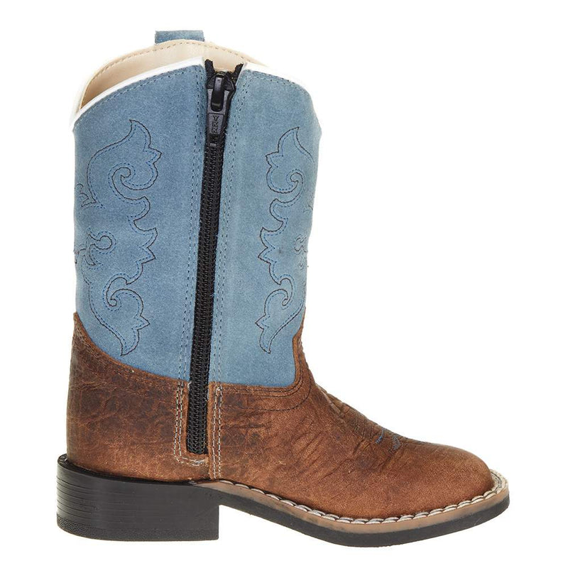 Old West Toddler Brown Bull Hide Sky Blue Suede Shaft Cowboy Boot