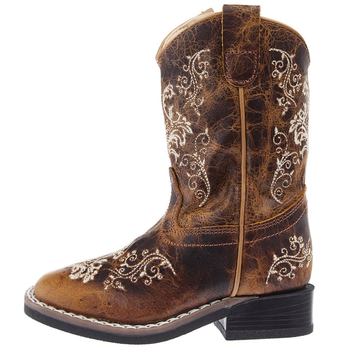 Old West Toddler Burnt Tan Embroidered Square Toe Boot