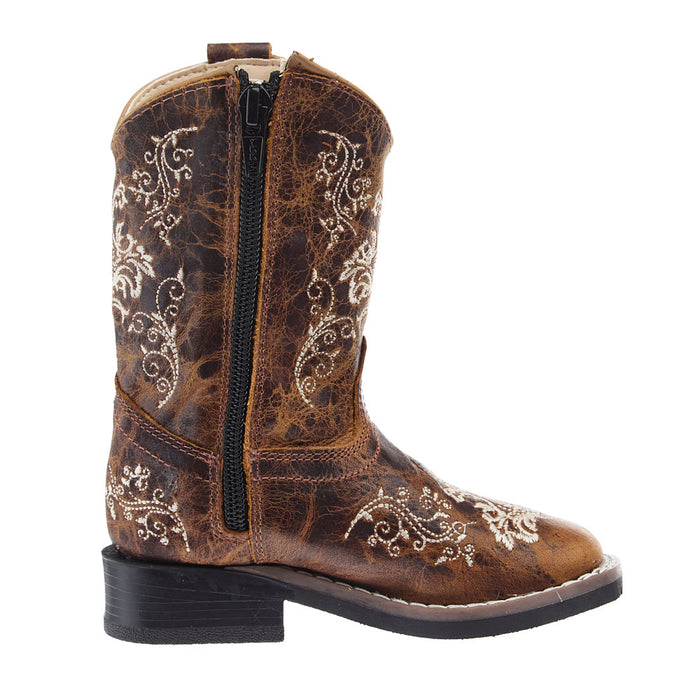 Old West Toddler Burnt Tan Embroidered Square Toe Boot