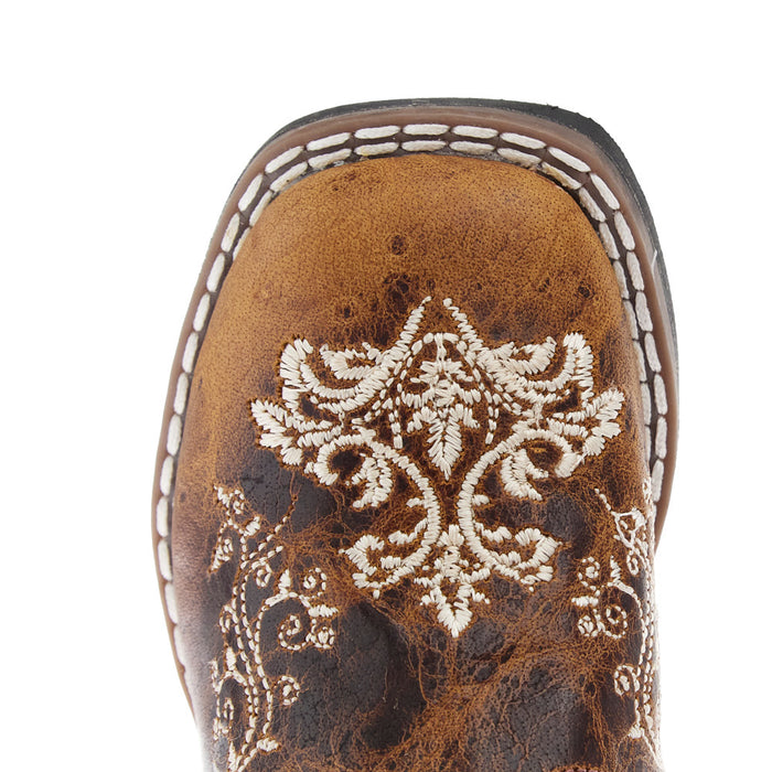 Old West Toddler Burnt Tan Embroidered Square Toe Boot