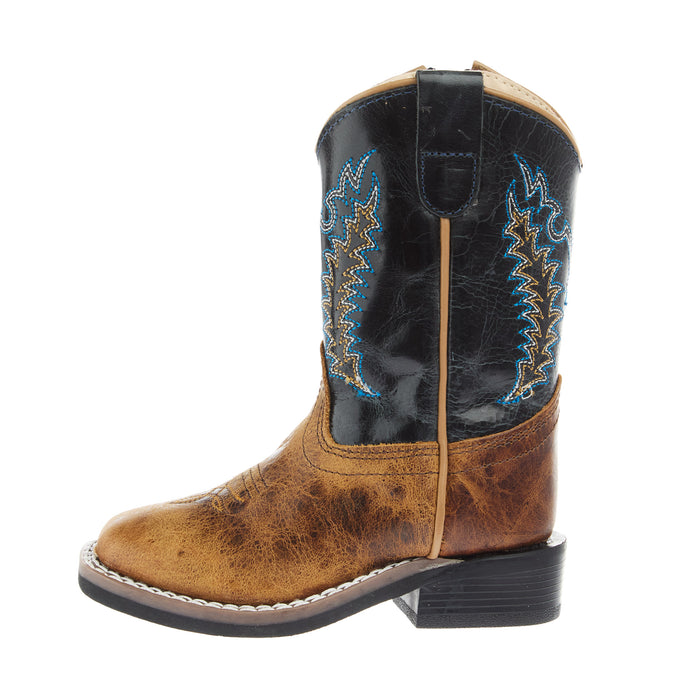 Old West Toddler Burnt Brown Foot and Cactus Navy Shaft Square Toe Boot