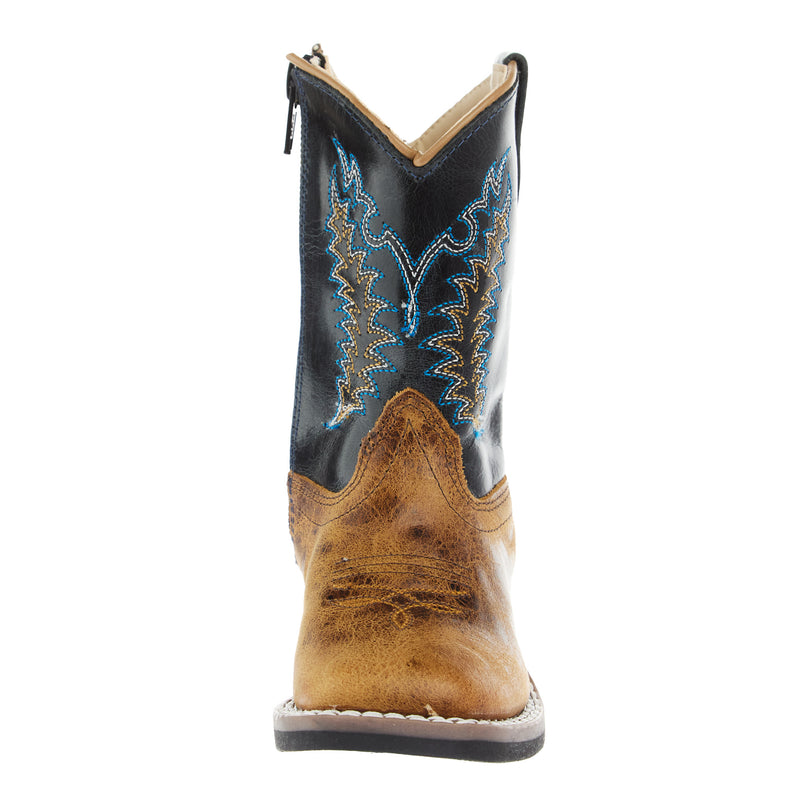 Old West Toddler Burnt Brown Foot and Cactus Navy Shaft Square Toe Boot