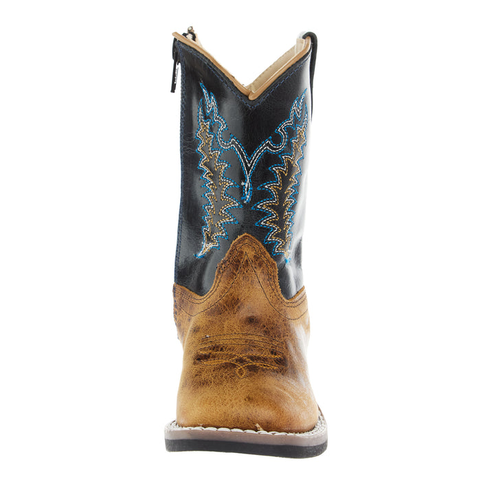 Old West Toddler Burnt Brown Foot and Cactus Navy Shaft Square Toe Boot