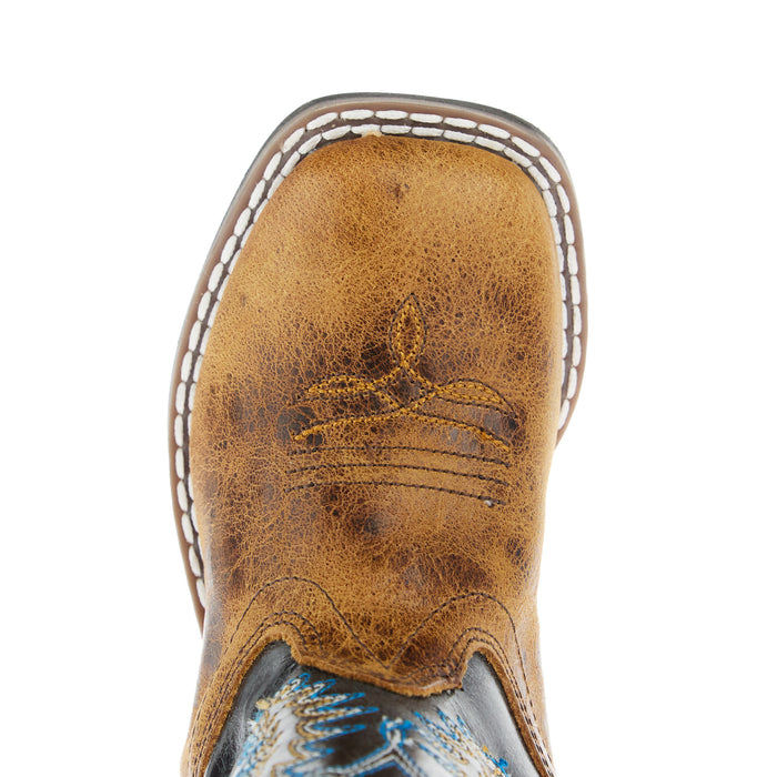 Old West Toddler Burnt Brown Foot and Cactus Navy Shaft Square Toe Boot
