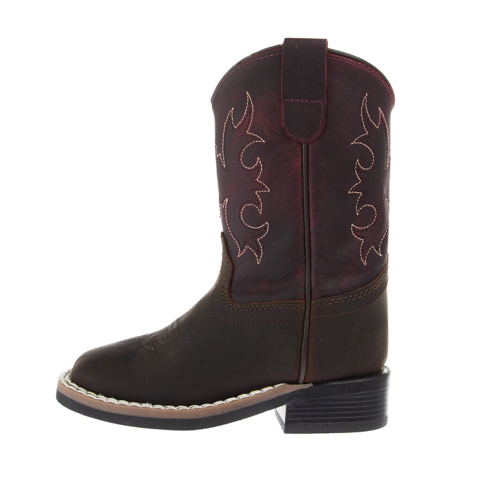 Old West Toddlers Brown Square Toe and Burgundy Shaft Boot