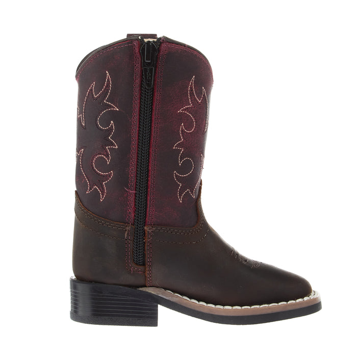 Old West Toddlers Brown Square Toe and Burgundy Shaft Boot