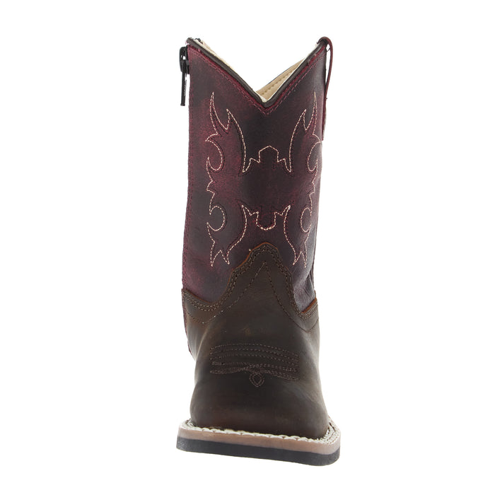 Old West Toddlers Brown Square Toe and Burgundy Shaft Boot