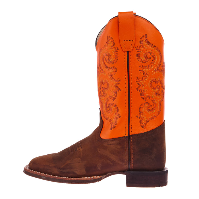 Old West Youth Brown Square Toe with Neon Orange Shaft Boot