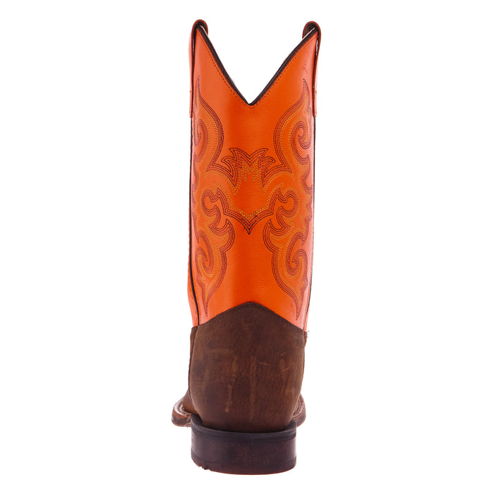 Old West Youth Brown Square Toe with Neon Orange Shaft Boot