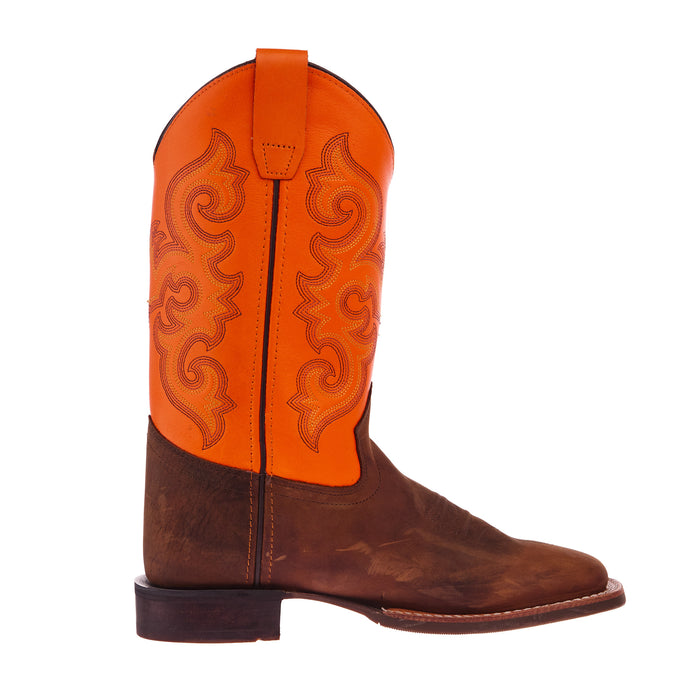 Old West Youth Brown Square Toe with Neon Orange Shaft Boot