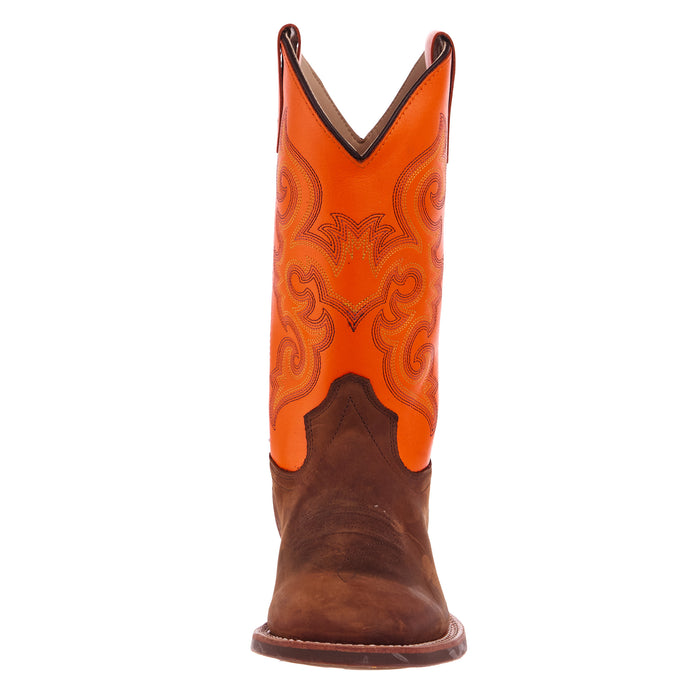 Old West Youth Brown Square Toe with Neon Orange Shaft Boot