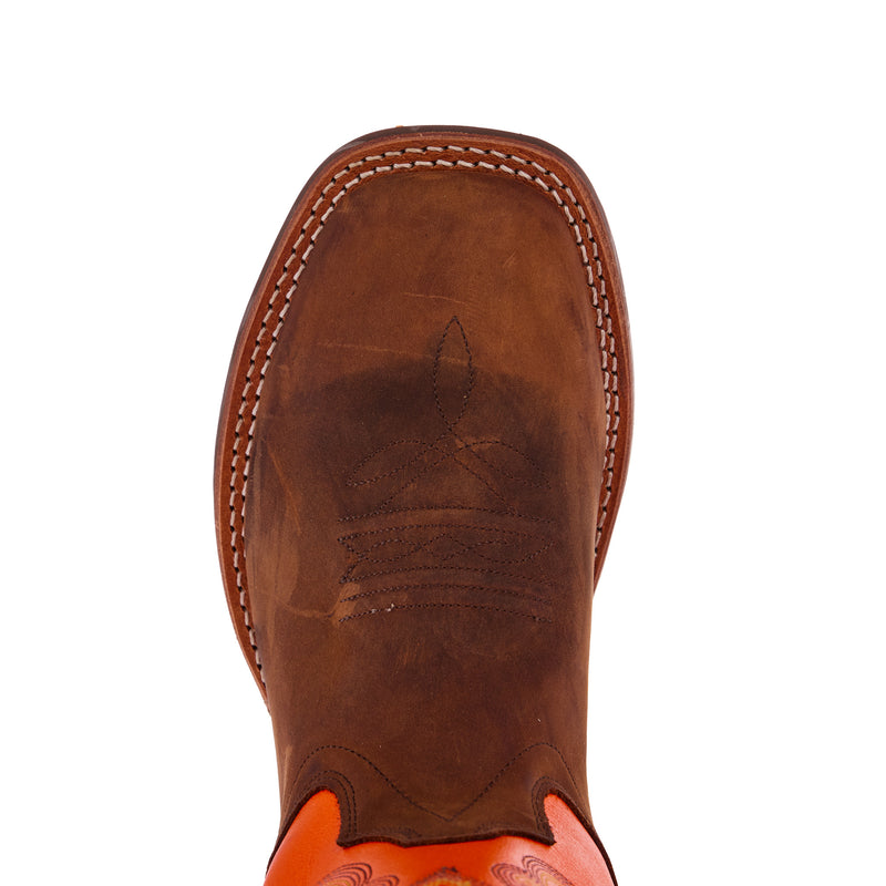 Old West Youth Brown Square Toe with Neon Orange Shaft Boot