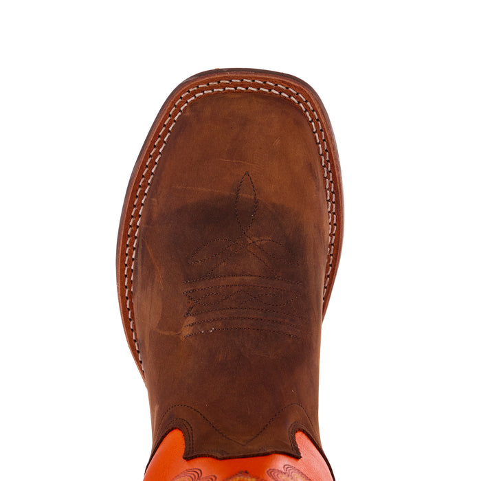 Old West Youth Brown Square Toe with Neon Orange Shaft Boot