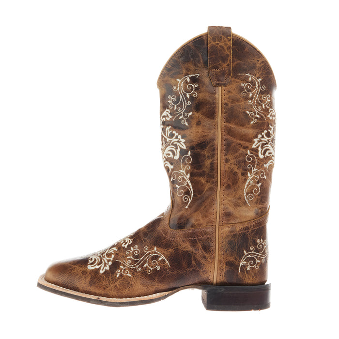 Old West Youth Burnt Tan Embroidered Square Toe Boot