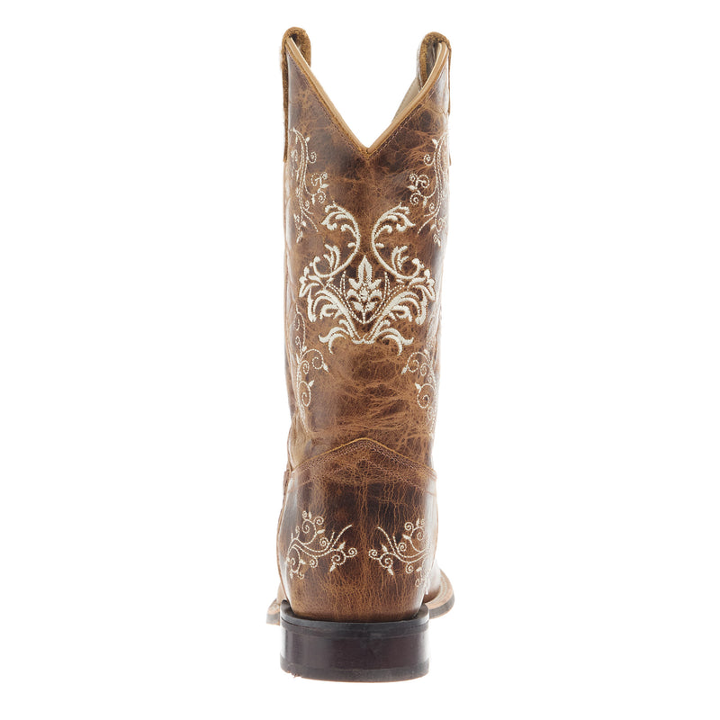 Old West Youth Burnt Tan Embroidered Square Toe Boot
