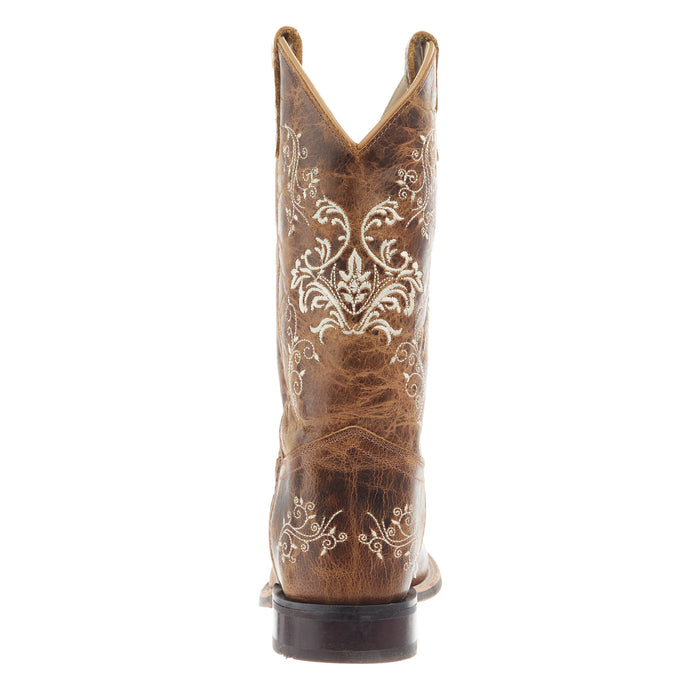Old West Youth Burnt Tan Embroidered Square Toe Boot