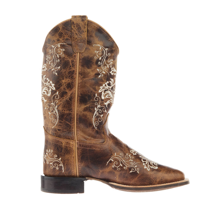 Old West Youth Burnt Tan Embroidered Square Toe Boot