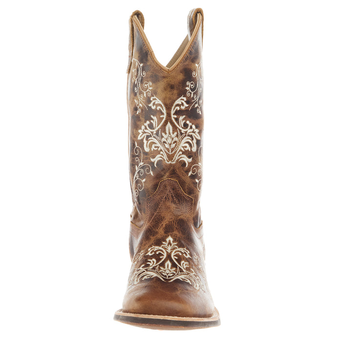 Old West Youth Burnt Tan Embroidered Square Toe Boot