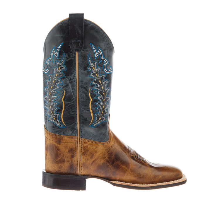Old West Youth Burnt Brown Foot and Cactus Navy Shaft Square Toe Boot