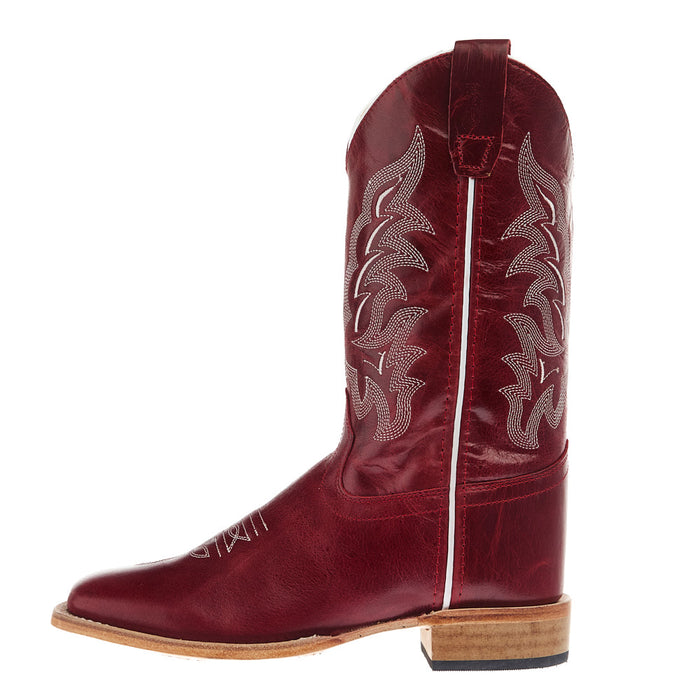 Old West Youth Deep Red Square Toe Leather Sole Boot