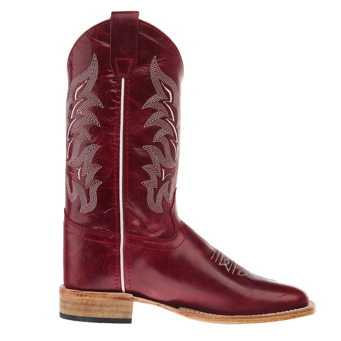 Old West Youth Deep Red Square Toe Leather Sole Boot