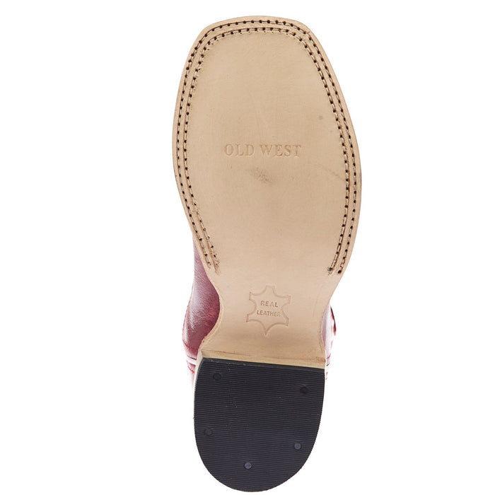 Old West Children`s Deep Red Square Toe Leather Sole Boot