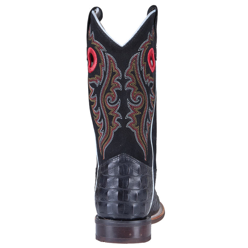 Old West Youth Black Faux Horn Back Gator Print Vamp Black Suede Top