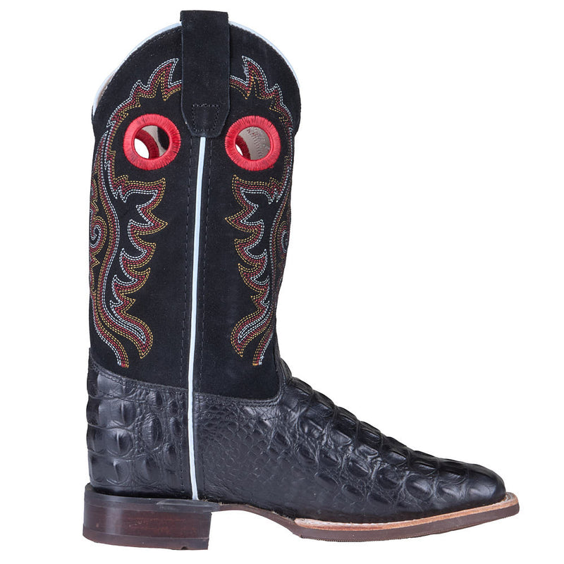 Old West Youth Black Faux Horn Back Gator Print Vamp Black Suede Top