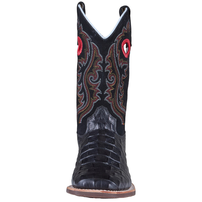 Old West Youth Black Faux Horn Back Gator Print Vamp Black Suede Top