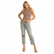 Rock & Roll Denim Women's Brown Boot Stitch Print Tank Top