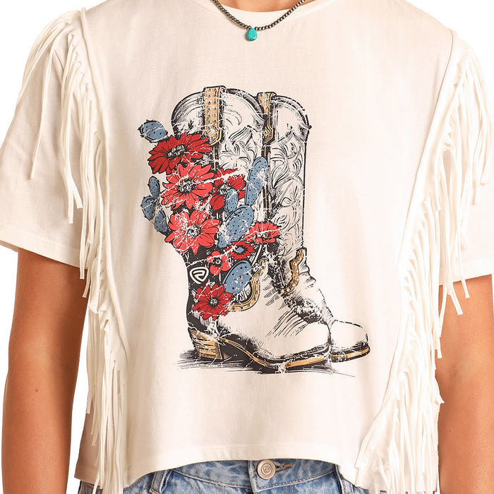 Rock & Roll Denim Floral Boot Fringe T-Shirt
