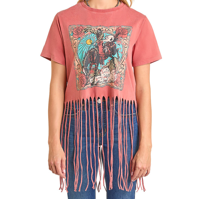 Rock & Roll Denim Women's Red Graphic Fringe Tee Shirt
