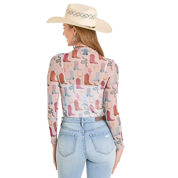 Rock & Roll Denim Women's Boot Print Mesh Top