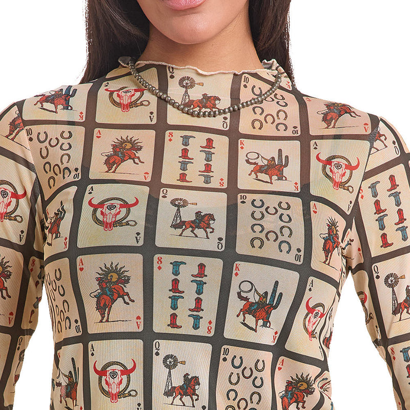 Rock & Roll Denim Women's Black Playing Cards Mesh Top