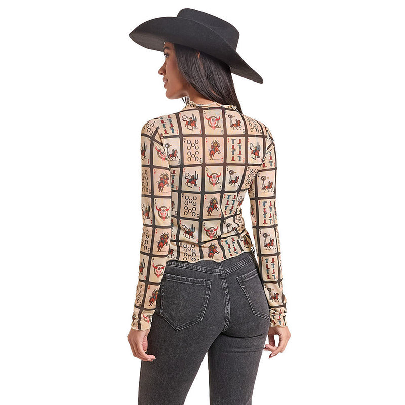 Rock & Roll Denim Women's Black Playing Cards Mesh Top