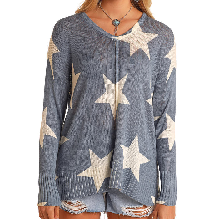 Rock & Roll Denim Star Print Baja Sweater