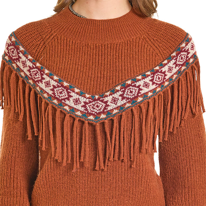 Rock & Roll Denim Women's Camel Sweater with Fringe