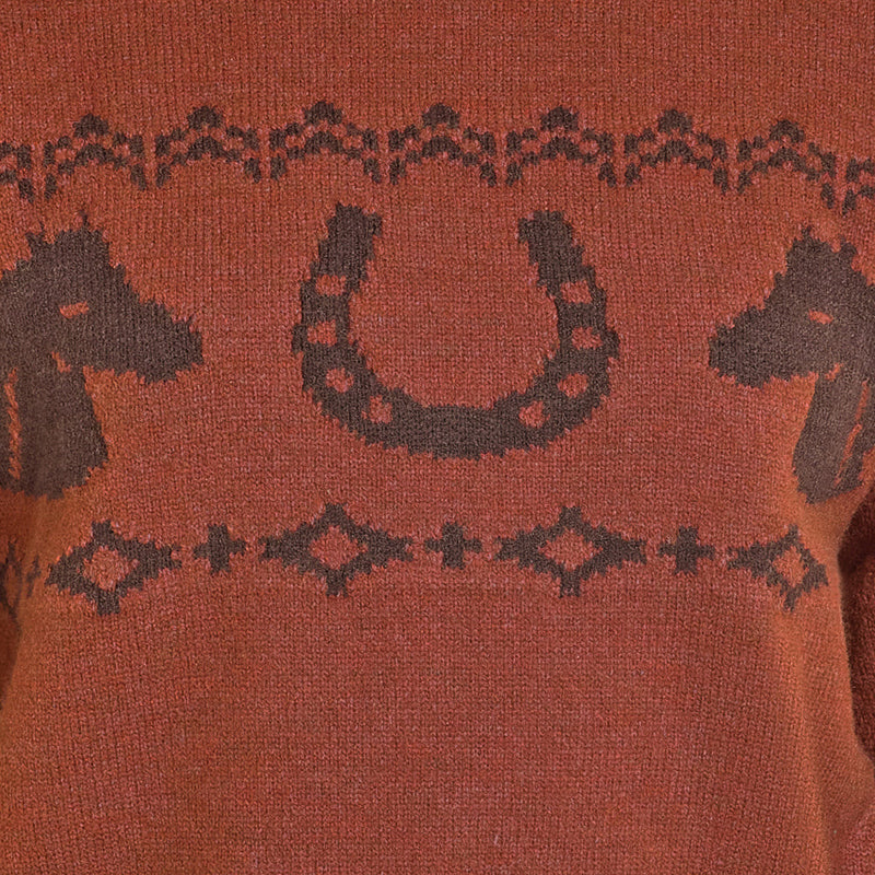 Rock & Roll Denim Women's Rust Horse Aztec Sweater