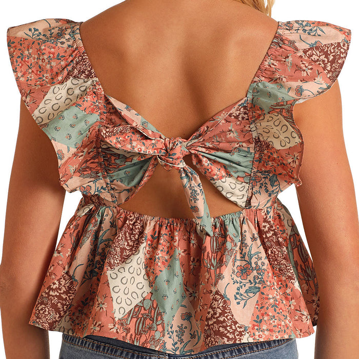 Rock & Roll Denim Patchwork Print Flutter Tank