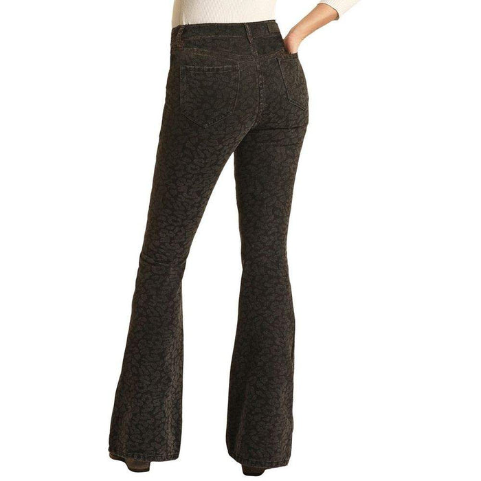 Rock & Roll Denim Womens Black Cheetah Flare Jeans