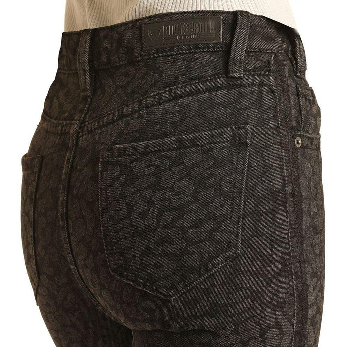 Rock & Roll Denim Womens Black Cheetah Flare Jeans