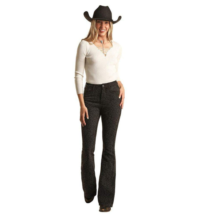 Rock & Roll Denim Womens Black Cheetah Flare Jeans