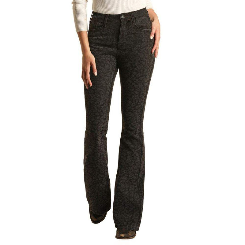 Rock & Roll Denim Womens Black Cheetah Flare Jeans